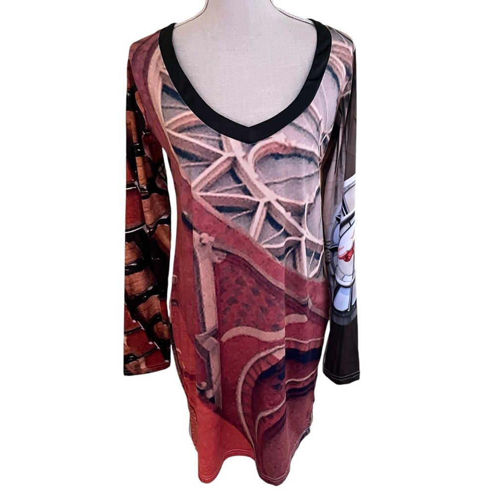 Pretty Creepy Doll Building Print Jersey Knit Long Sleeve Mini Dress
